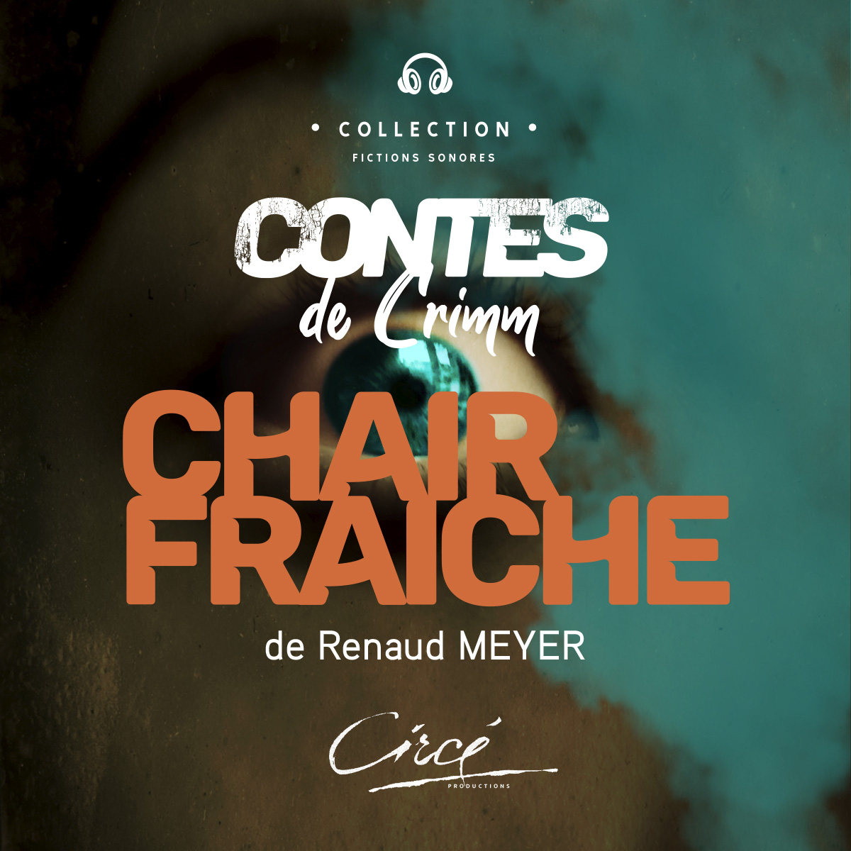 La couverture d'un livre intitulé « CONTES de GRIMM, CHAIR FRAICHE de RENAUD MEYER » représente un œil. Le fond est sombre avec une teinte turquoise sur la droite.