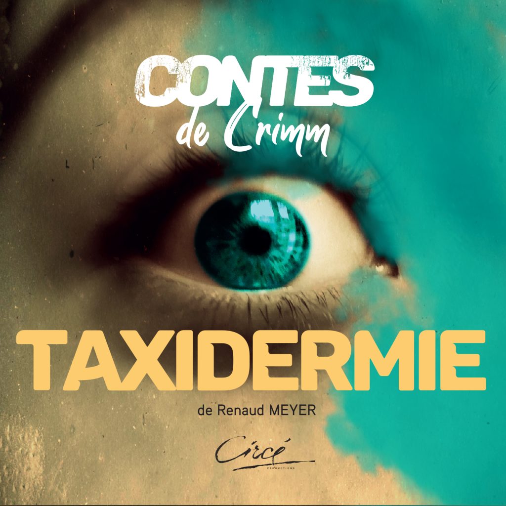 La couverture du livre arbore le titre « CONTES de GRIMM » en blanc en haut et « TAXIDERMIE » en jaune délavé en bas, avec « de Renaud MEYER » en plus petits caractères juste en dessous. Le fond représente un gros plan d'un œil humain à l'iris turquoise, sur un fond sombre et vieilli, turquoise à droite et brun délavé à gauche. Tout en bas, on peut lire « Circe PRODUCTIONS » en écriture manuscrite.